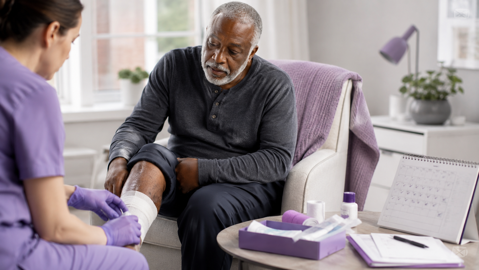 Patient receiving regular wound dressing care as part of long-term chronic disease management