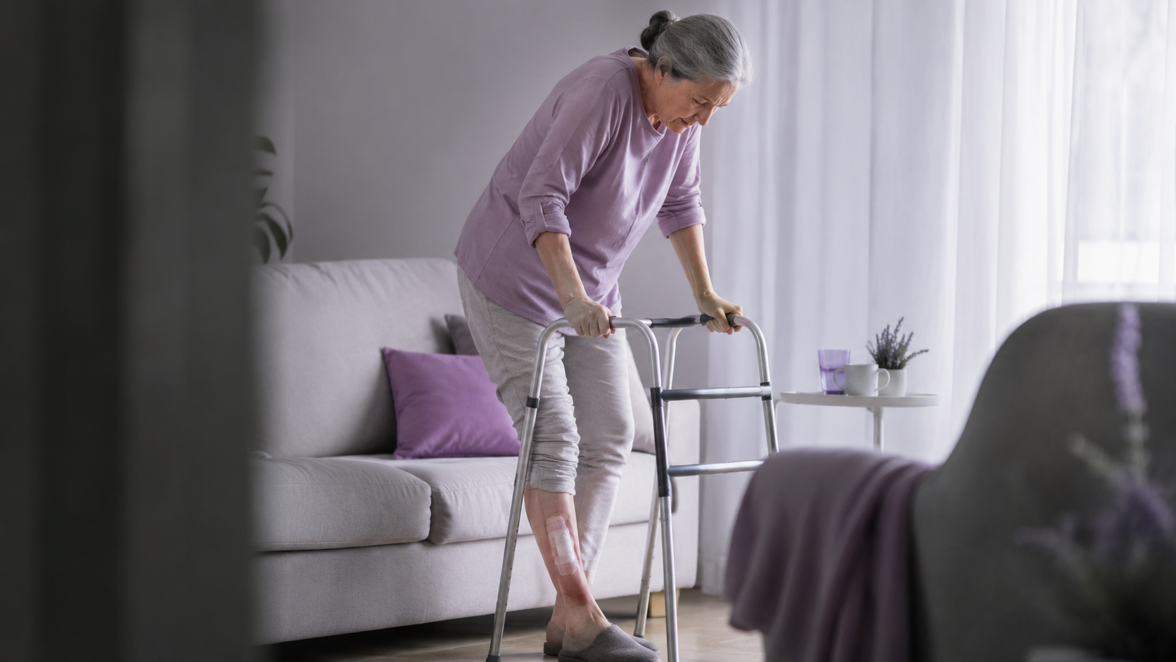 Older patient using a walking frame at home due to a lower-leg wound affecting mobility and independence