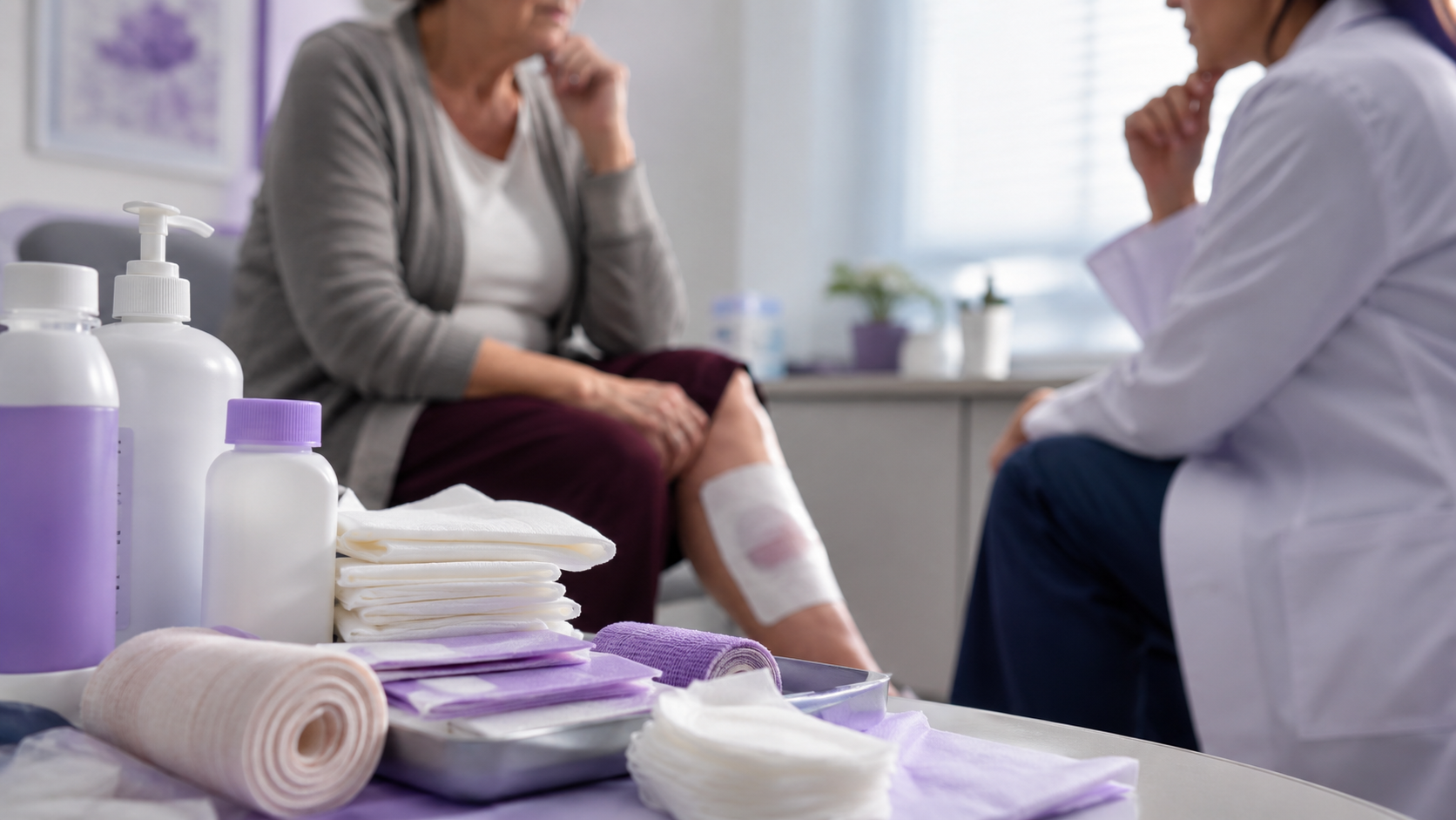 Wound care supplies and bandages used during routine treatment for a chronic non-healing wound
