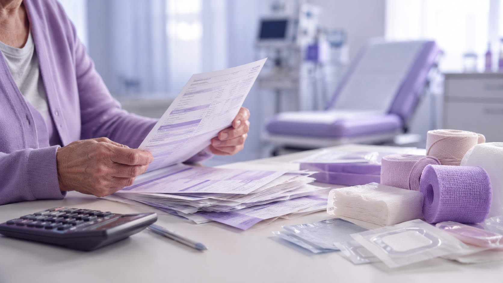 Patient reviewing healthcare paperwork beside wound care supplies, representing the cost burden of non-healing wounds