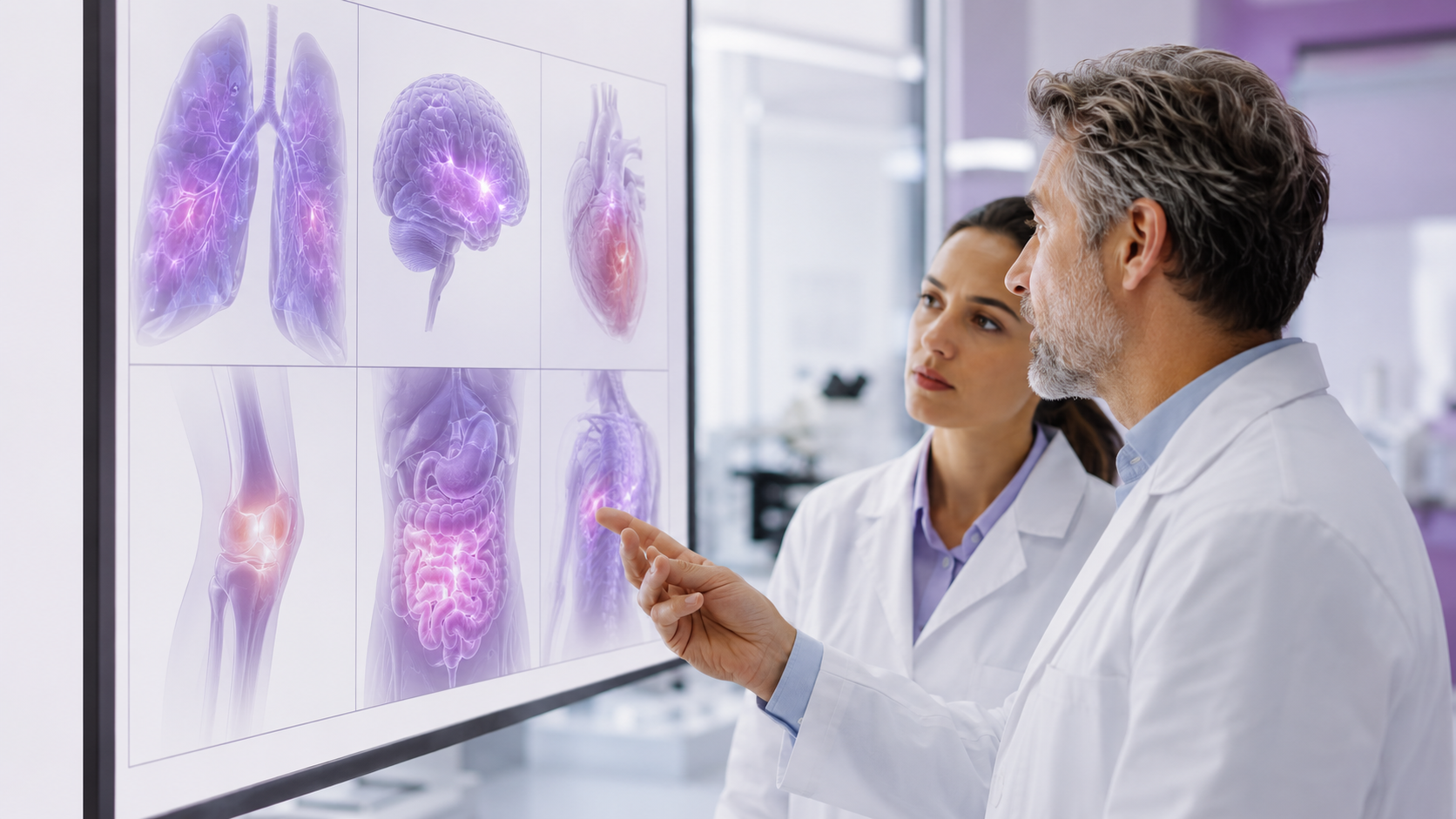 Clinicians reviewing multiple inflammatory disease areas on a medical display, highlighting the broader unmet need in chronic inflammation