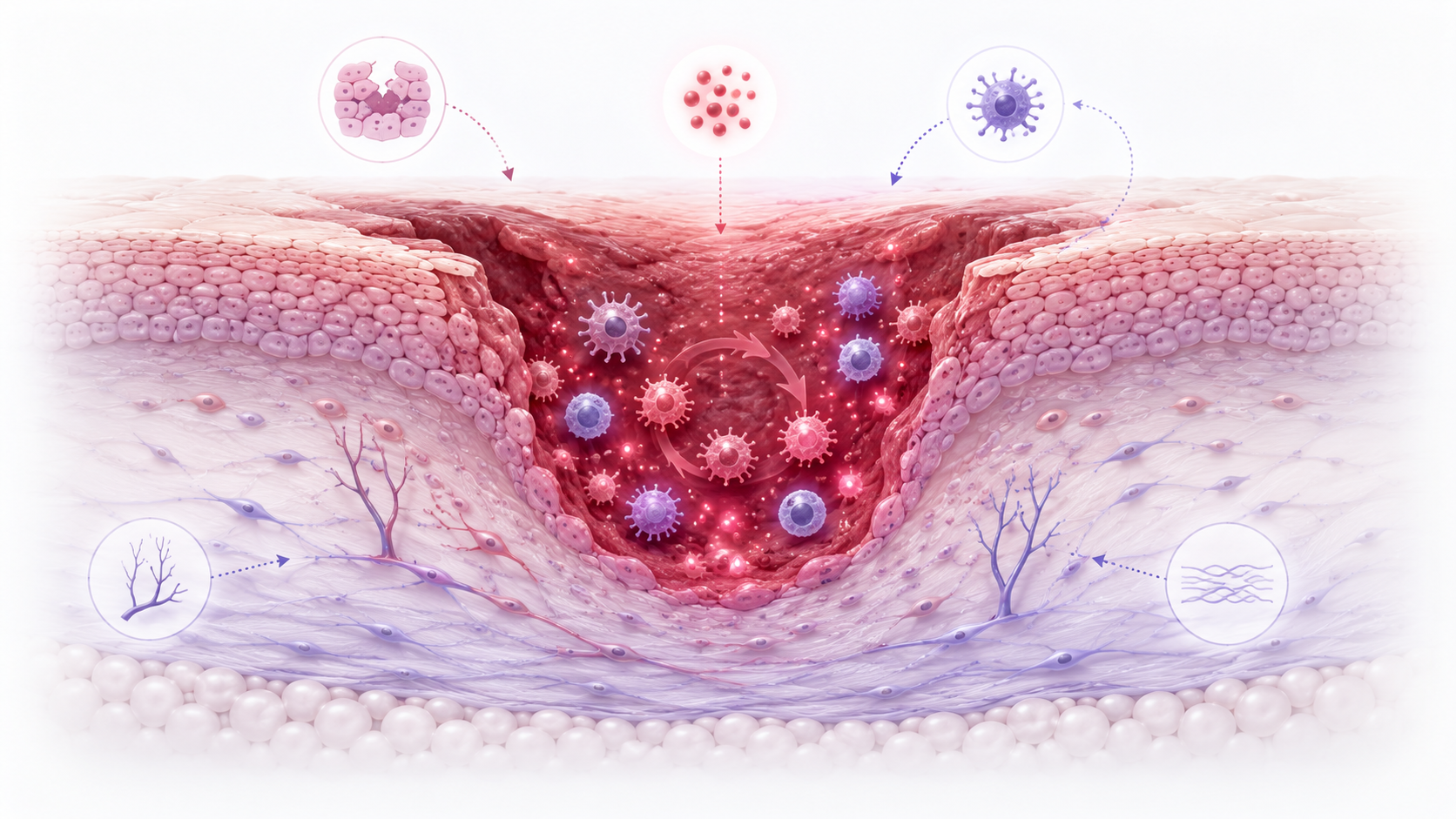 Chronic wound cross-section showing persistent inflammation, immune cell activity and stalled tissue repair