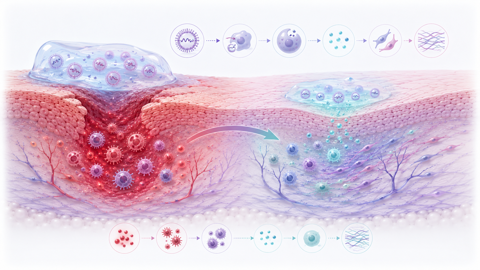 Scientific illustration of local mRNA-LNP hydrogel therapy promoting inflammation resolution and wound healing