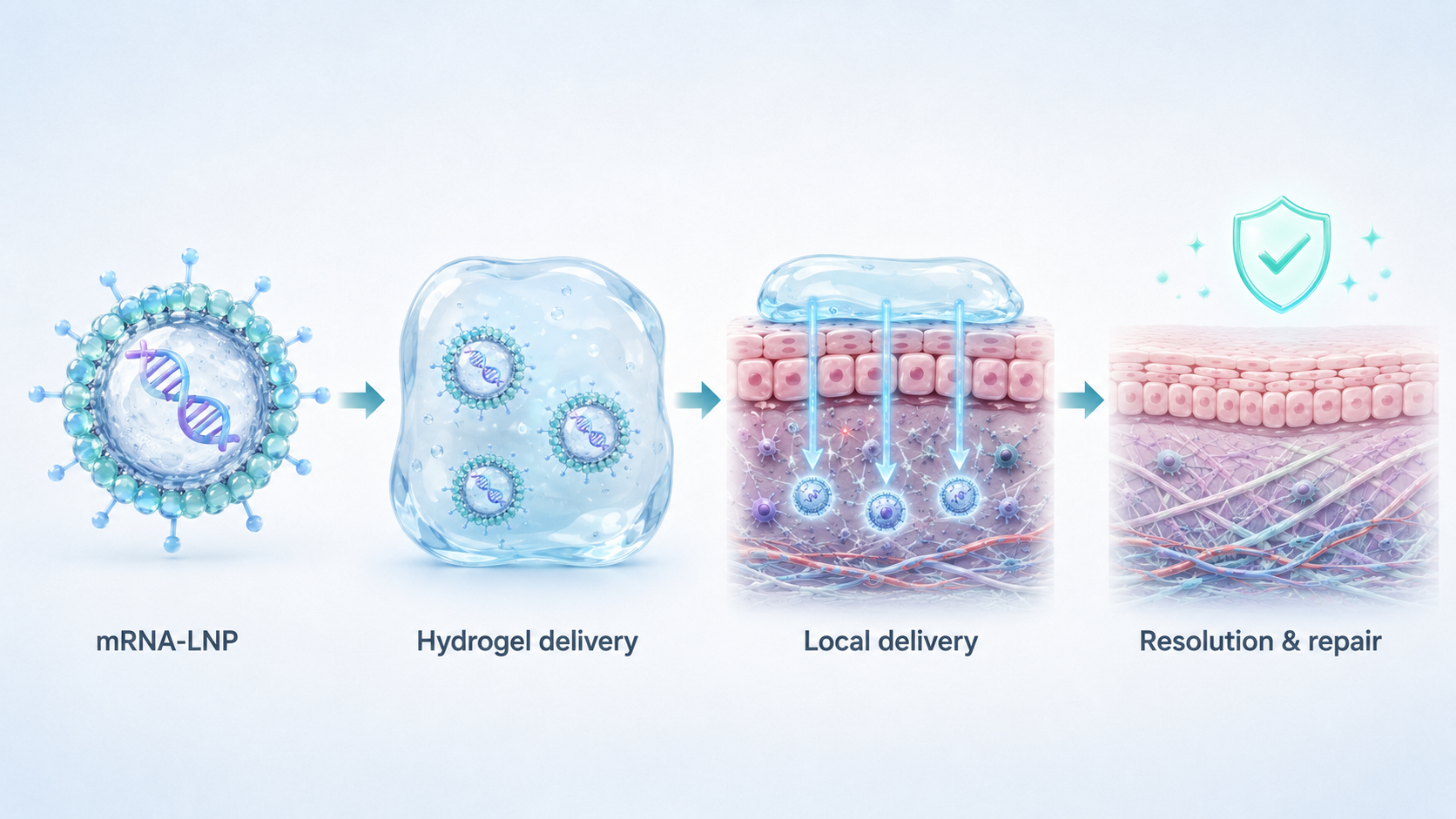 Illustration showing an mRNA-LNP therapeutic pathway: lipid nanoparticles carrying mRNA are incorporated into a hydrogel, delivered locally into damaged tissue, and support inflammation resolution and tissue repair.